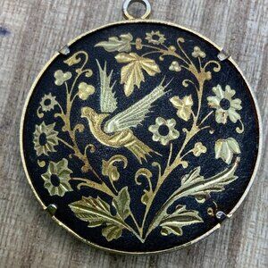 Damascene Vintage Gold Tone Bird & Floral Round Pendant